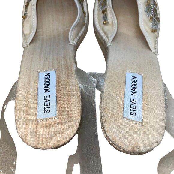 Steve Madden Women’s Beige Fabric Beaded Ribbon P-Boca Wedge Sandals Sz 8.5M - Picture 5 of 9